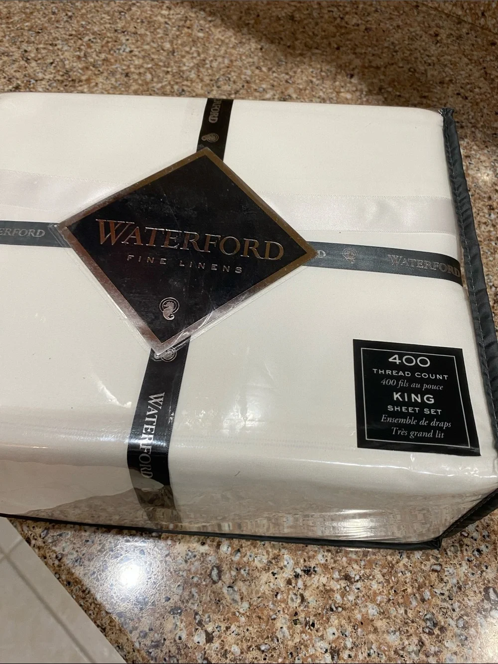 Brand New Waterford White King Sheet Set with Decorative Black Ribbon Packaging